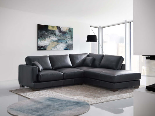 Geralyn Sectional Corner Chaise Sofa w/2 Throw Pillows, Genuine Leather Black - Revel Sofa 