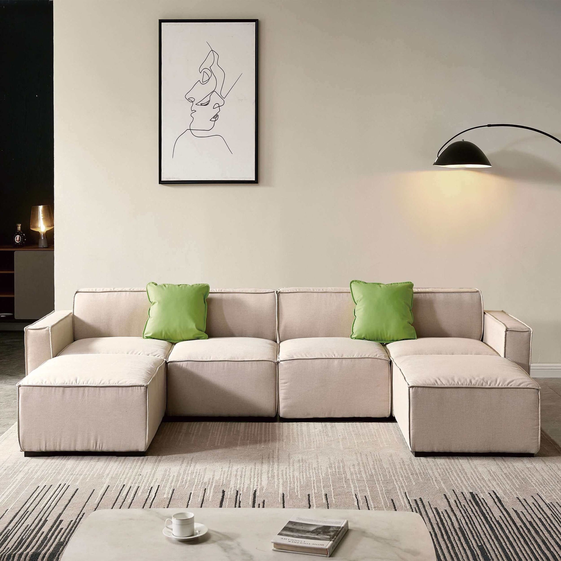 Modern Minimalist Modular U Shape Dual Chaise Sectional Fabric Sofa, Beige or Gray 131" - Revel Sofa 