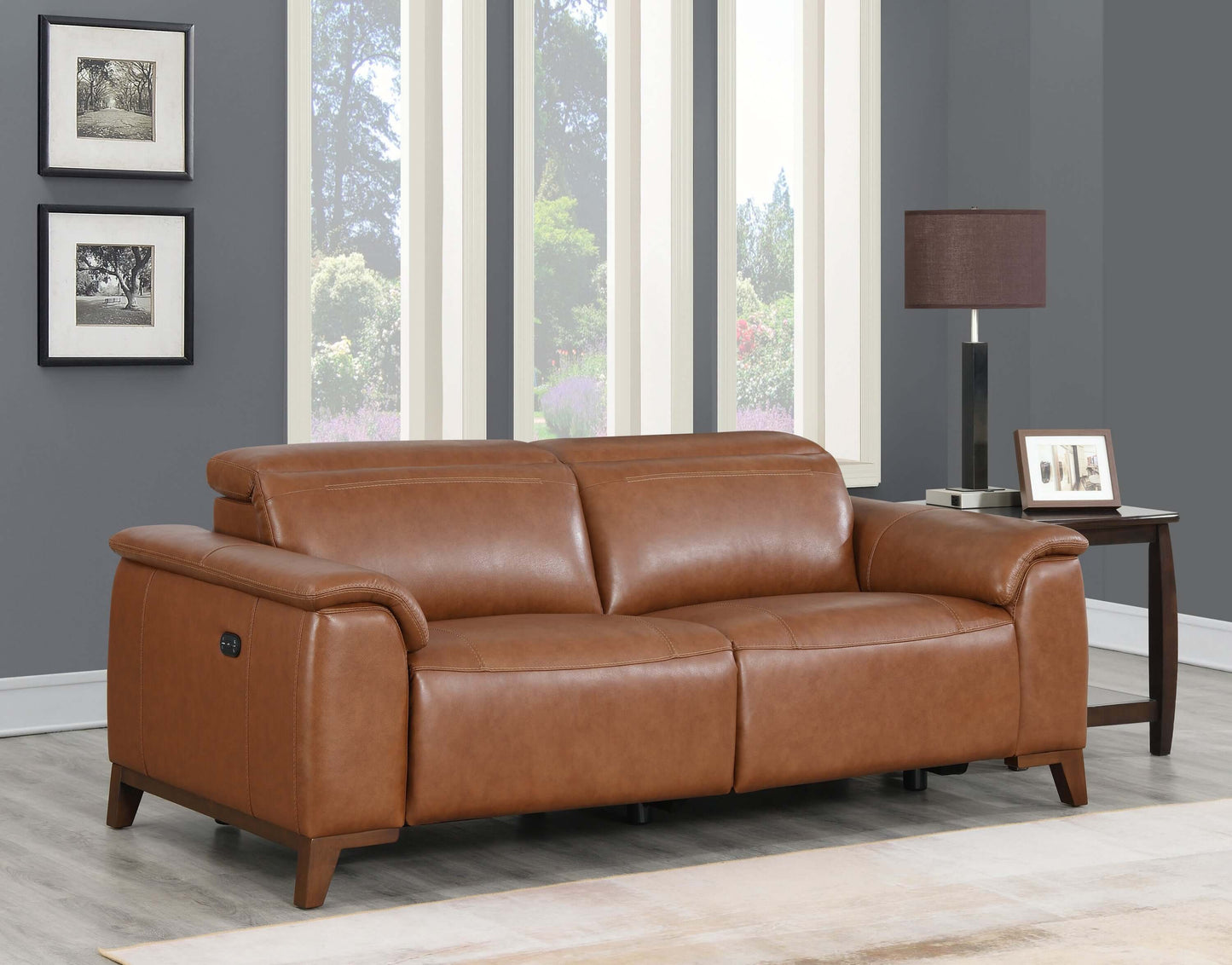 Dual-Power Brown Leather Reclining Sofa 83" - Power Headrest & Padded Armrests - Revel Sofa 