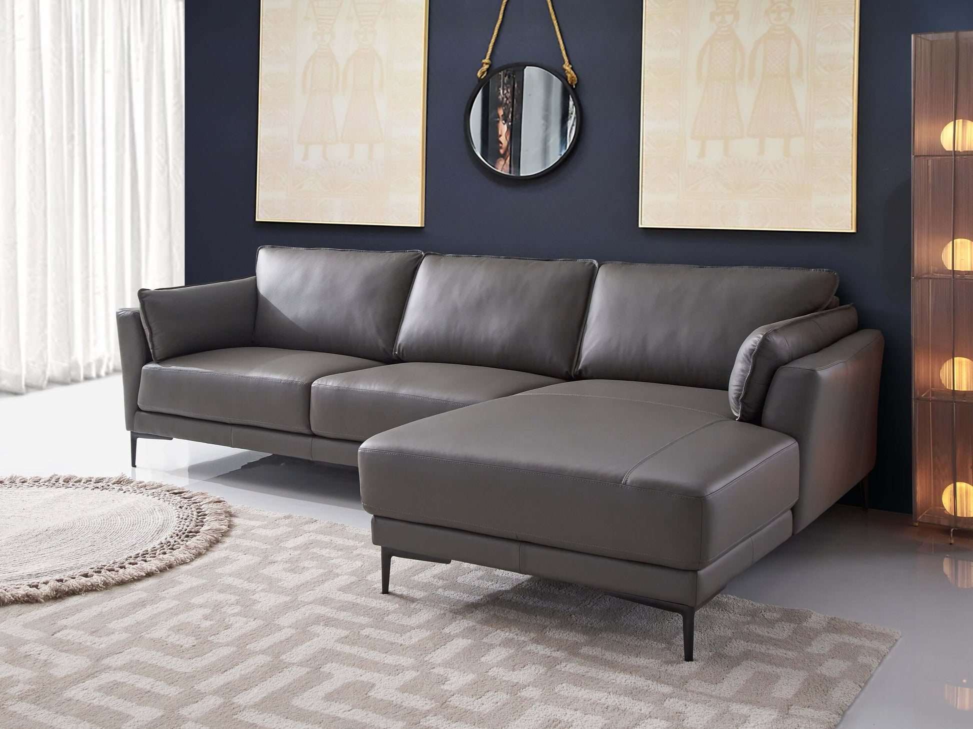 Meka Top Grain Gray Leather Sectional RF Chaise Sofa - Revel Sofa 