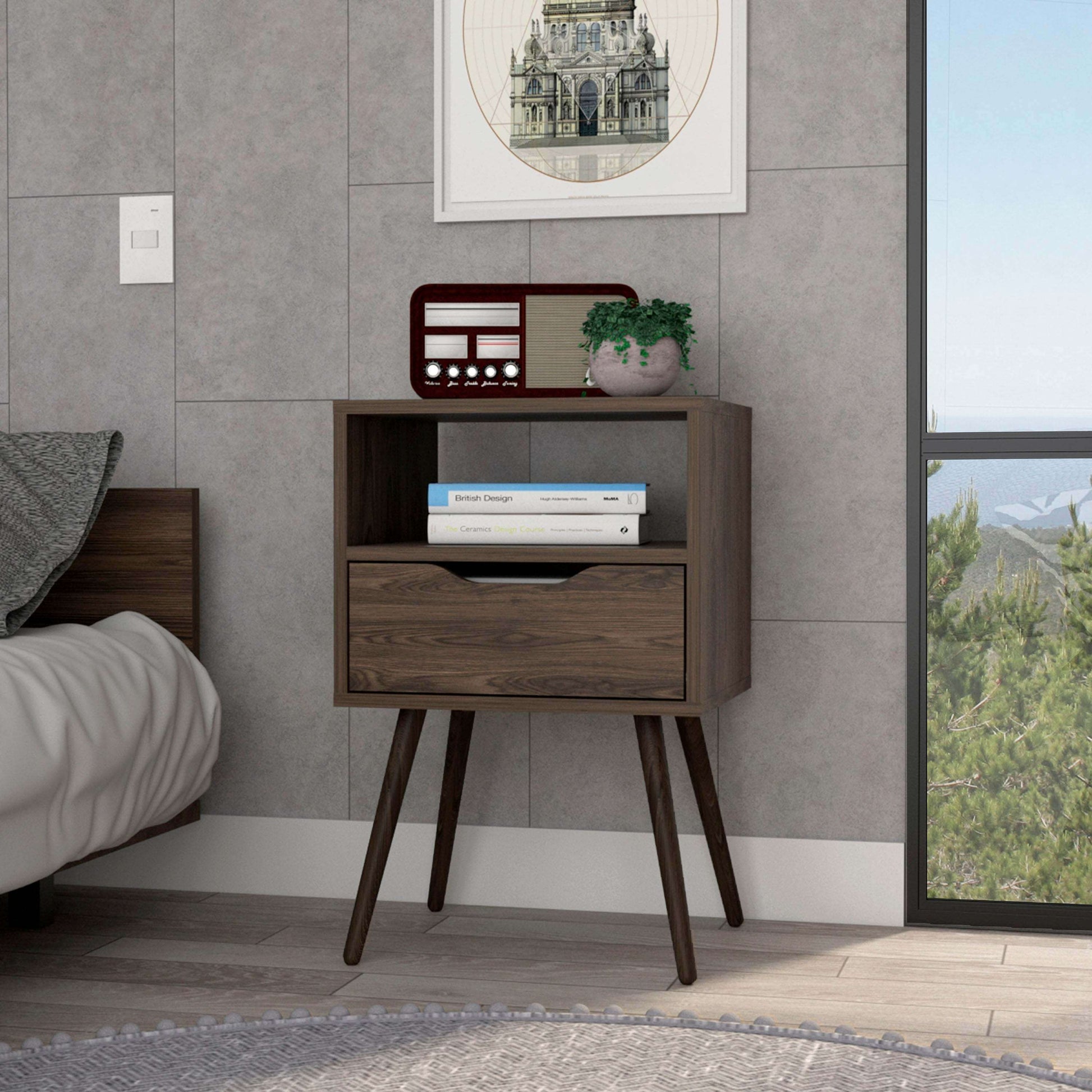 Emma MCM Nightstand - 1 Open Shelf & 1 Drawer, Dark Walnut - Revel Sofa 