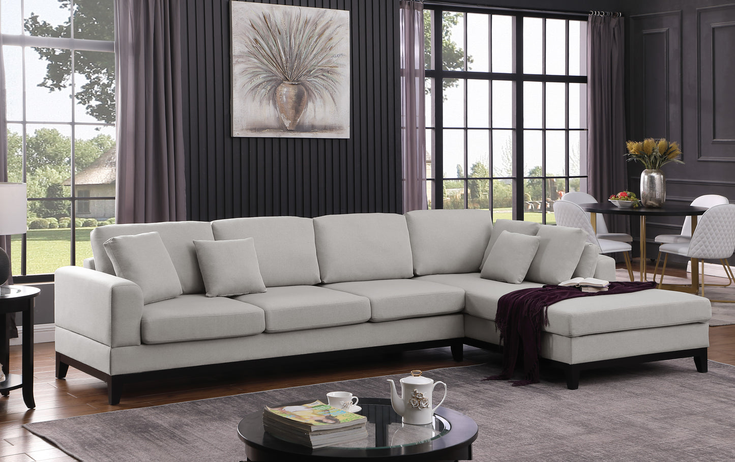 Redford MCM Light Gray Linen Fabric Sectional Sofa with Right Facing Chaise - Revel Sofa 