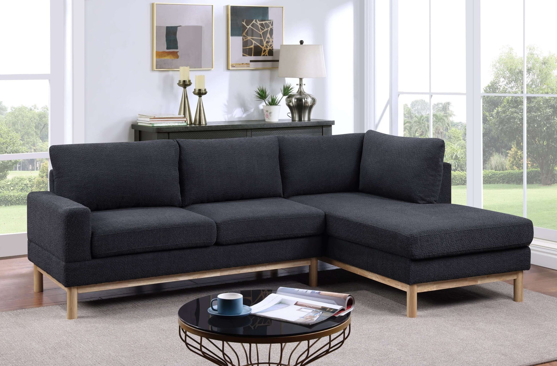 Anisa Black Sherpa Sectional Sofa with Right-Facing Chaise 93" - Revel Sofa 