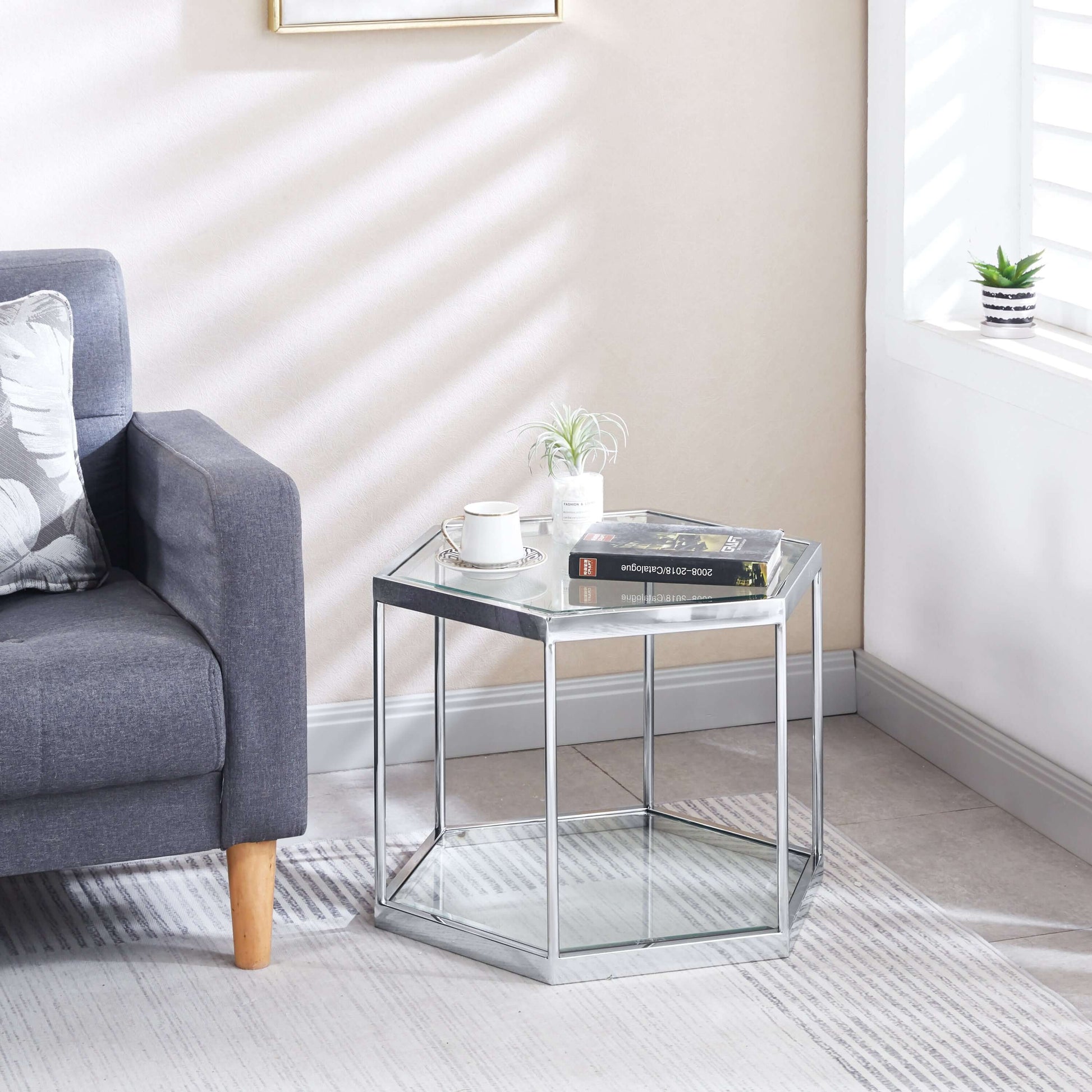 Modern Glass Hexagonal Coffee Table Stainless Steel Frame - Revel Sofa 