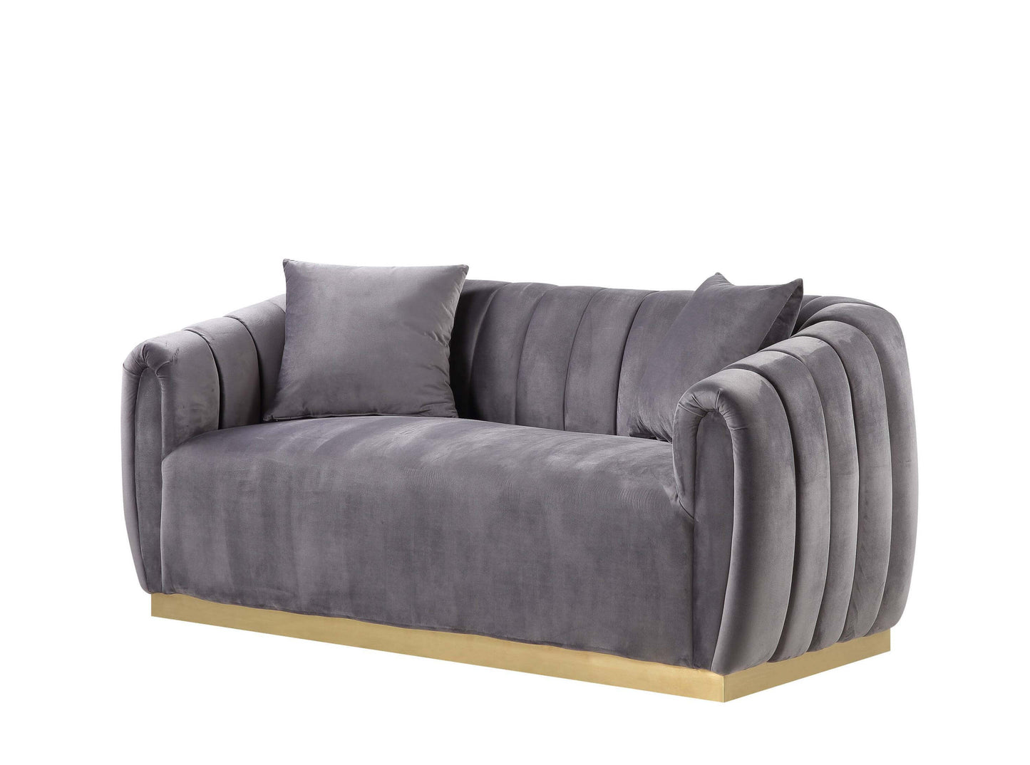 Elchanon Channel Tufted Loveseat w/2 Pillows, Gray Velvet & Gold Base 65" - Revel Sofa 