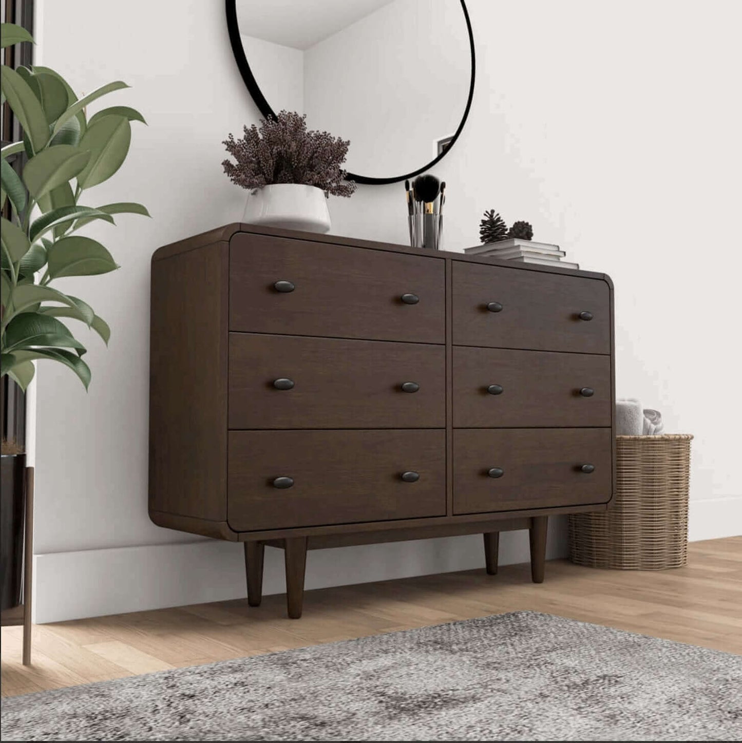 Alexa MCM Dark Walnut Colored Dresser (5 or 6 Drawer) - Revel Sofa 