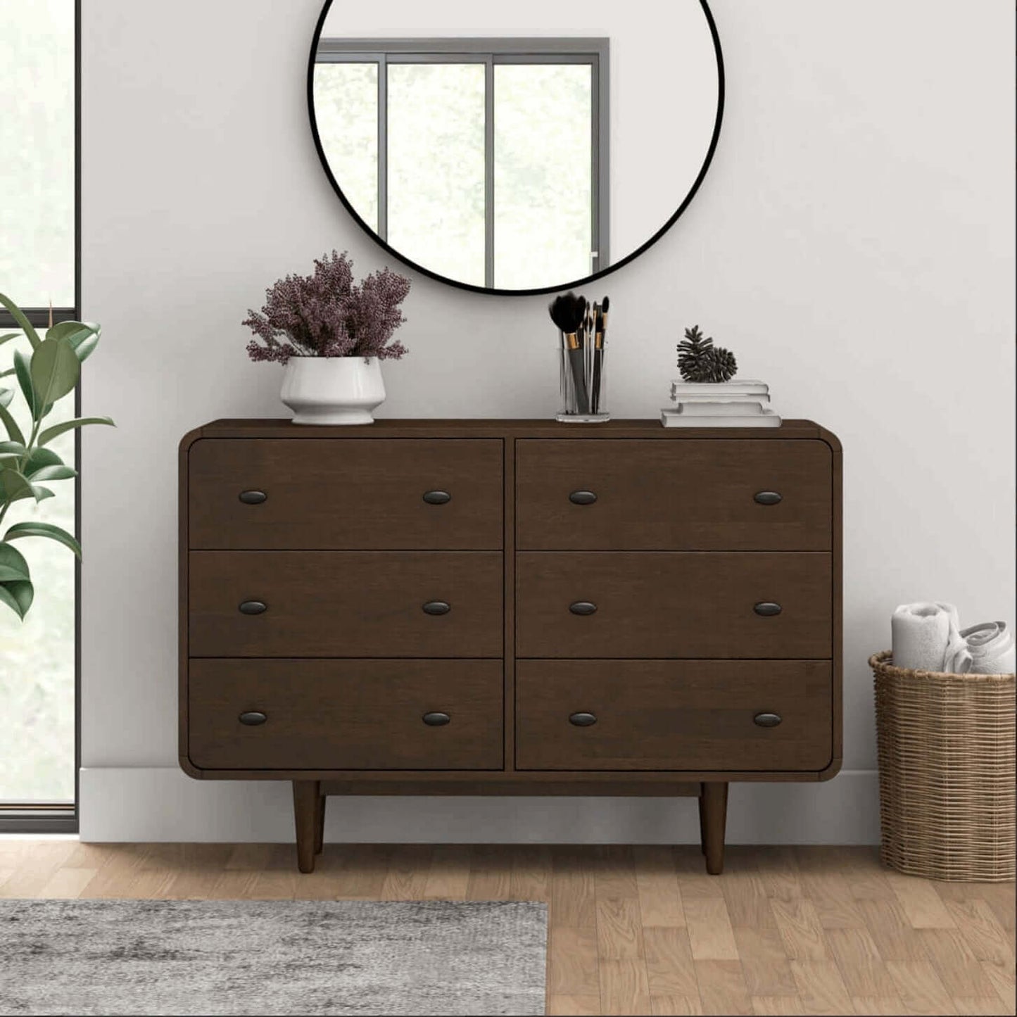 Alexa MCM Dark Walnut Colored Dresser (5 or 6 Drawer) - Revel Sofa 