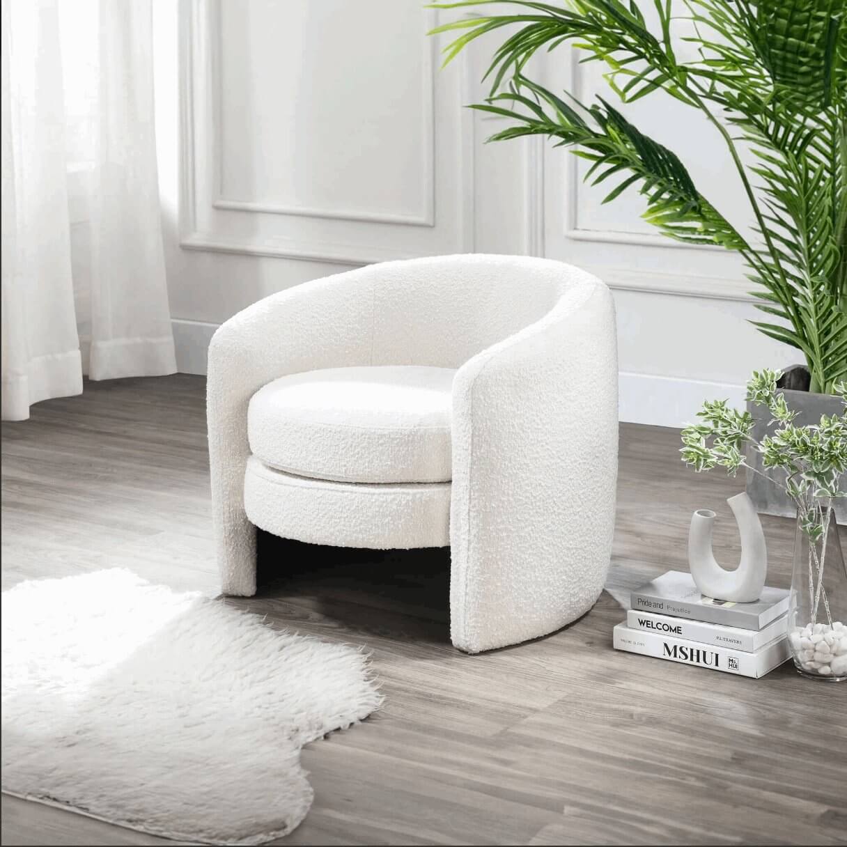 Alexon Modern Luxury Barrel Lounge Chair In White Boucle - Revel Sofa 