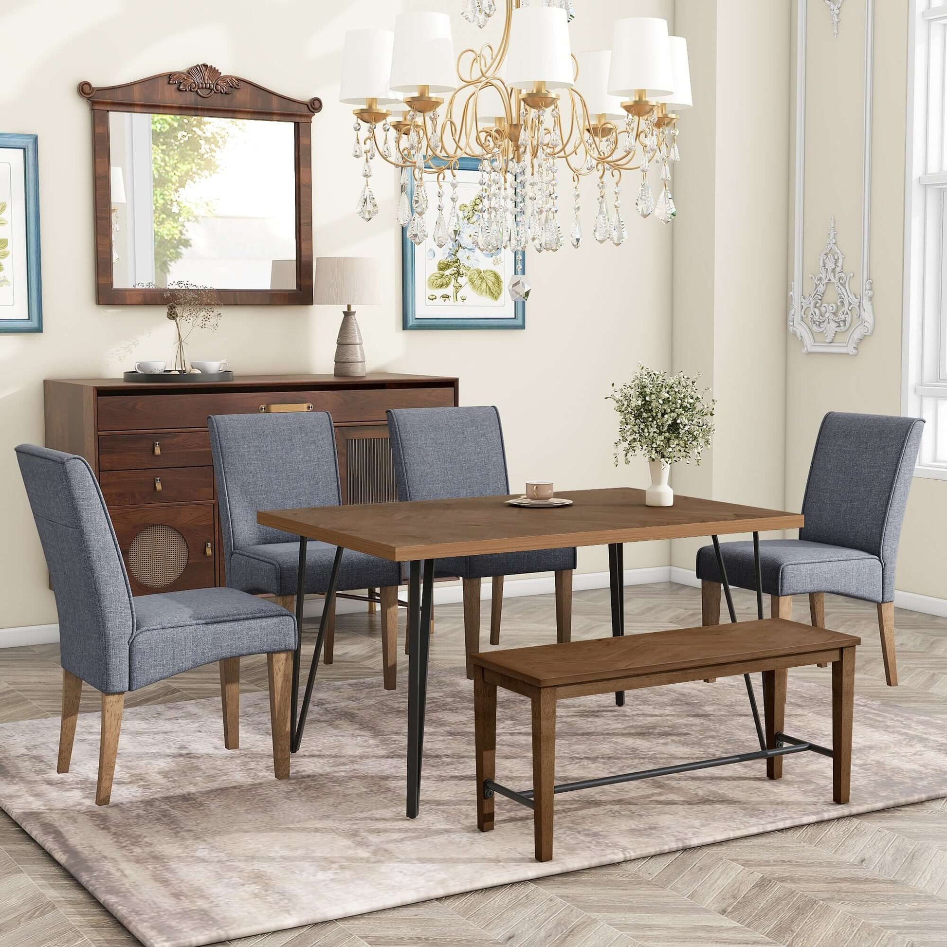 Modern Wood Dining Table Set 6 Pc: Table + 4 Upholstered Chairs + 1 Bench - Revel Sofa 