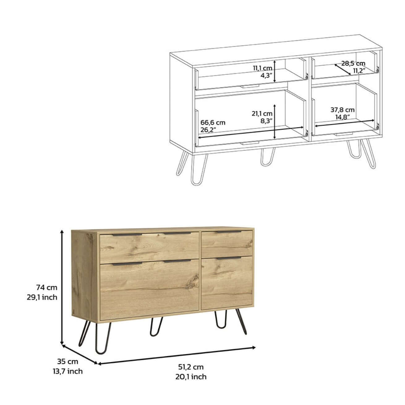 Begonia Double Dresser Four Drawers w/ Hairpin Legs, Color Light Oak - Revel Sofa 