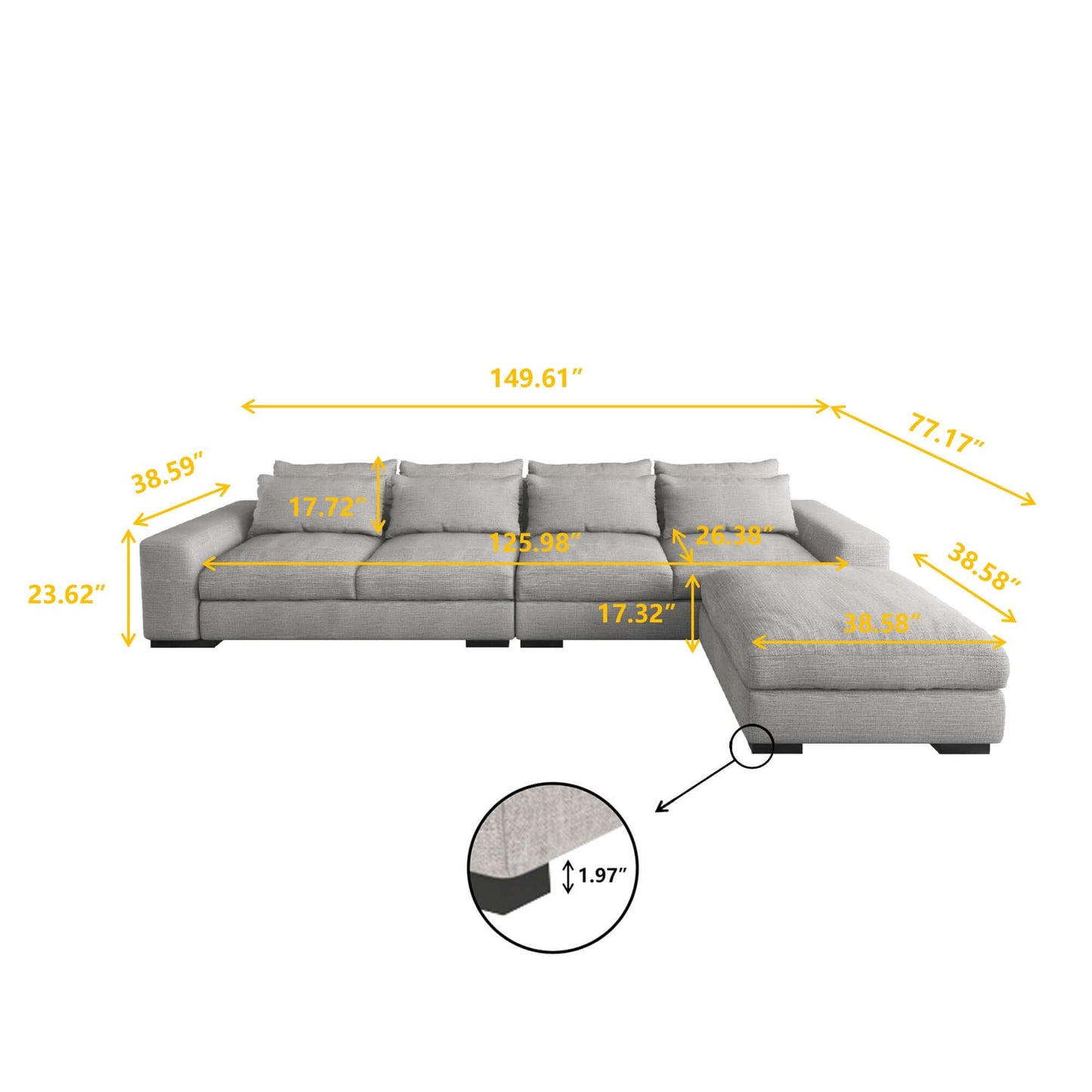 Comfort Modular Sectional 3pc. Sofa  with Ottoman or Chaise, Gray or Blue 150" - Revel Sofa 