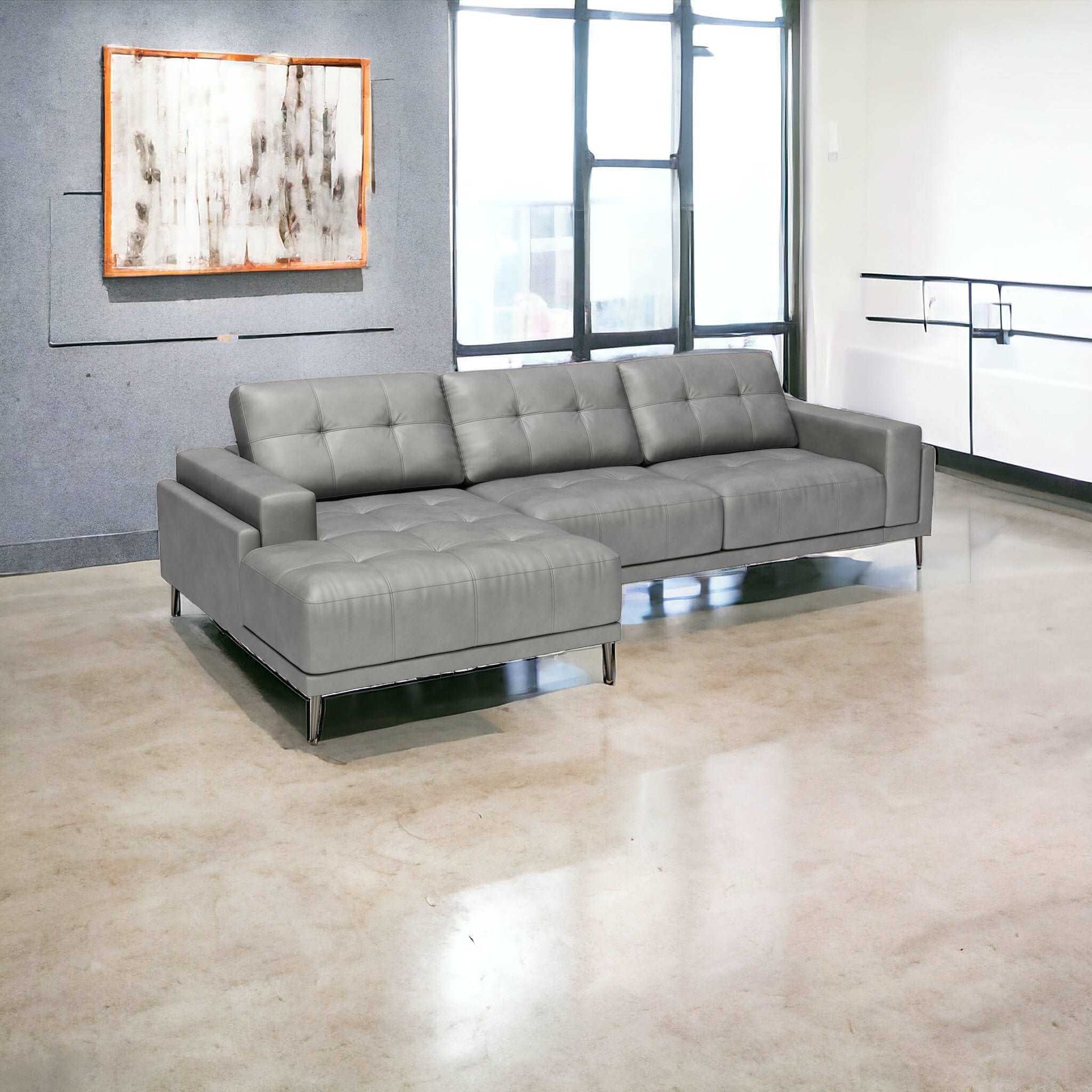 Bliss Leather L-Shape Chaise Sectional Sofa, Beige or Gray 122" - Revel Sofa 