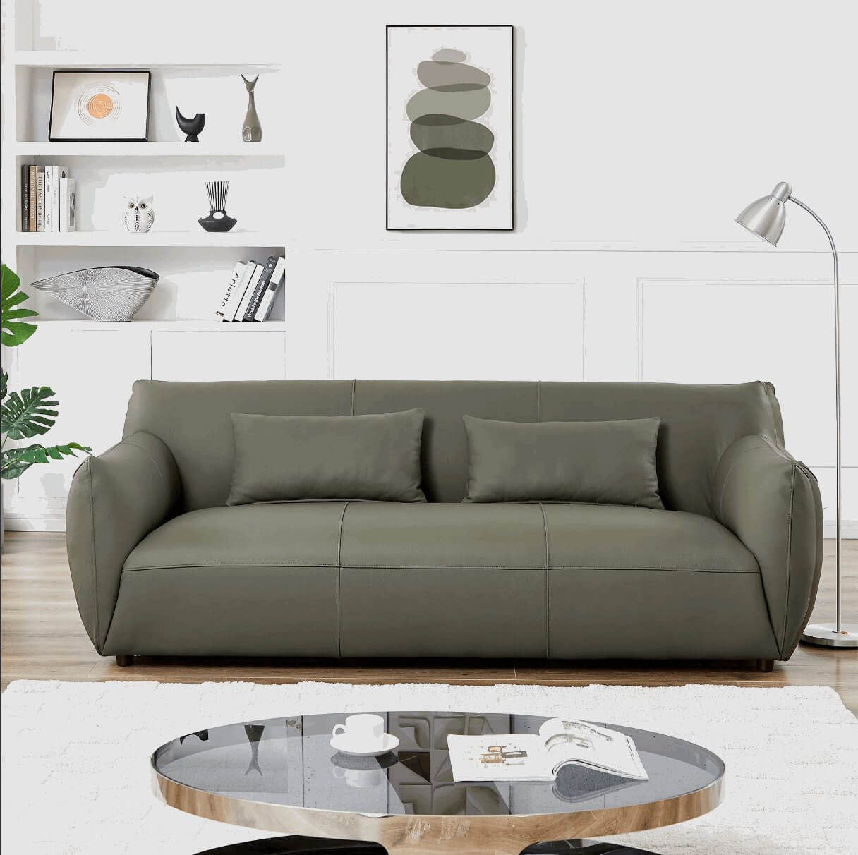 Blur Genuine Leather Round Arm Sofa in Olive 88" - Revel Sofa 