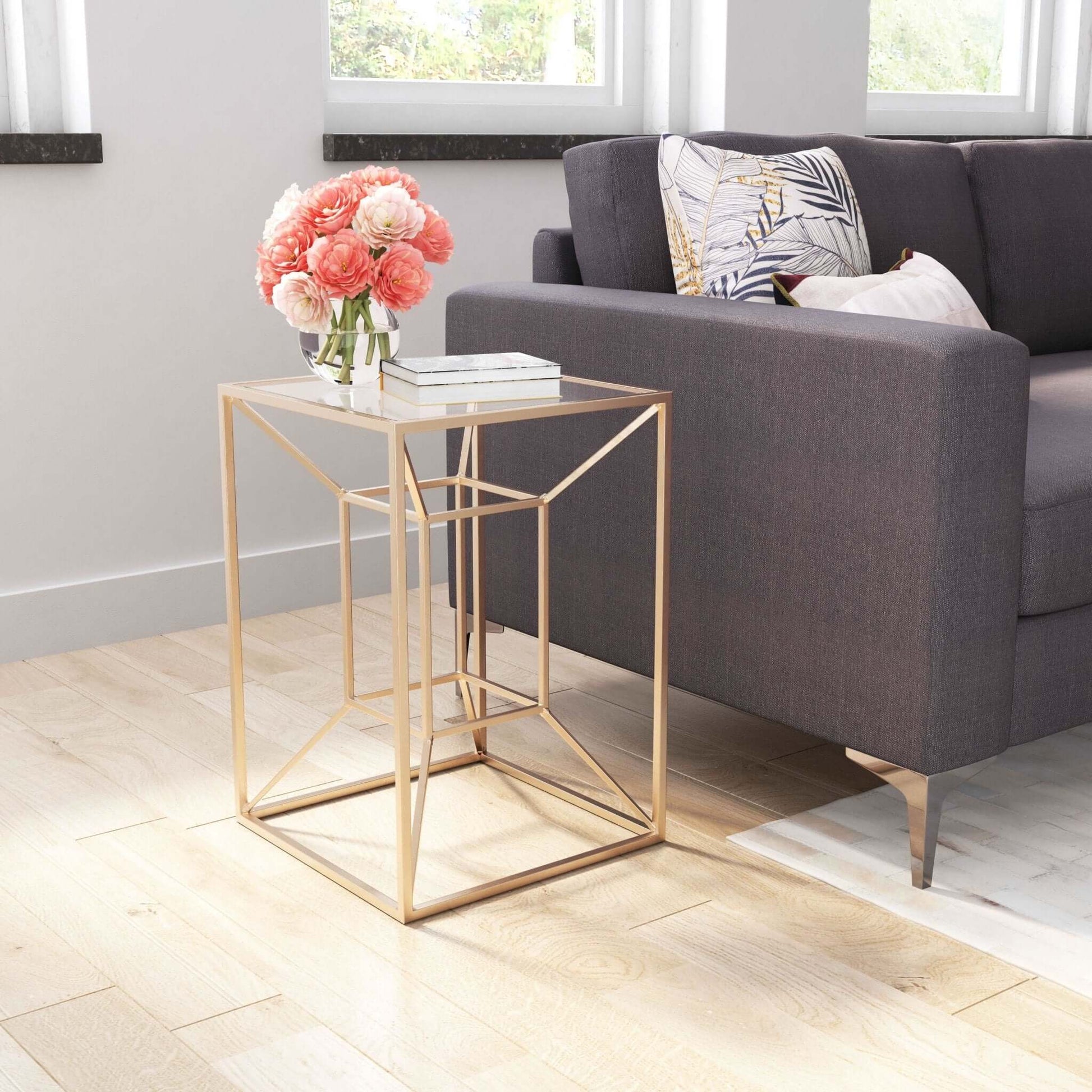 Canyon Side Accent End Table Gold Base Square Glass Top - Revel Sofa 