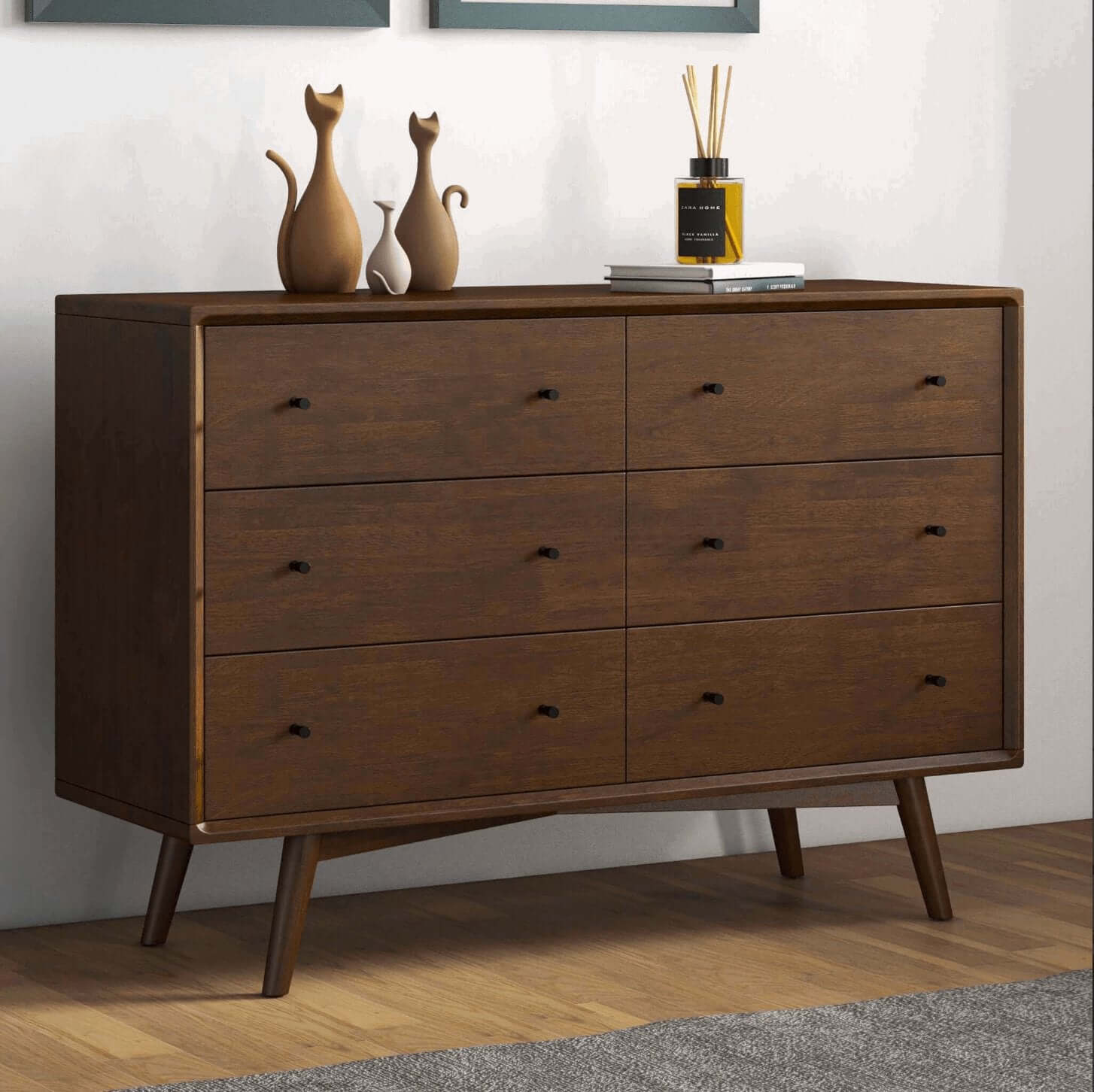 Caroline MCM Solid Wood Dresser Walnut Finish (47") - Revel Sofa 