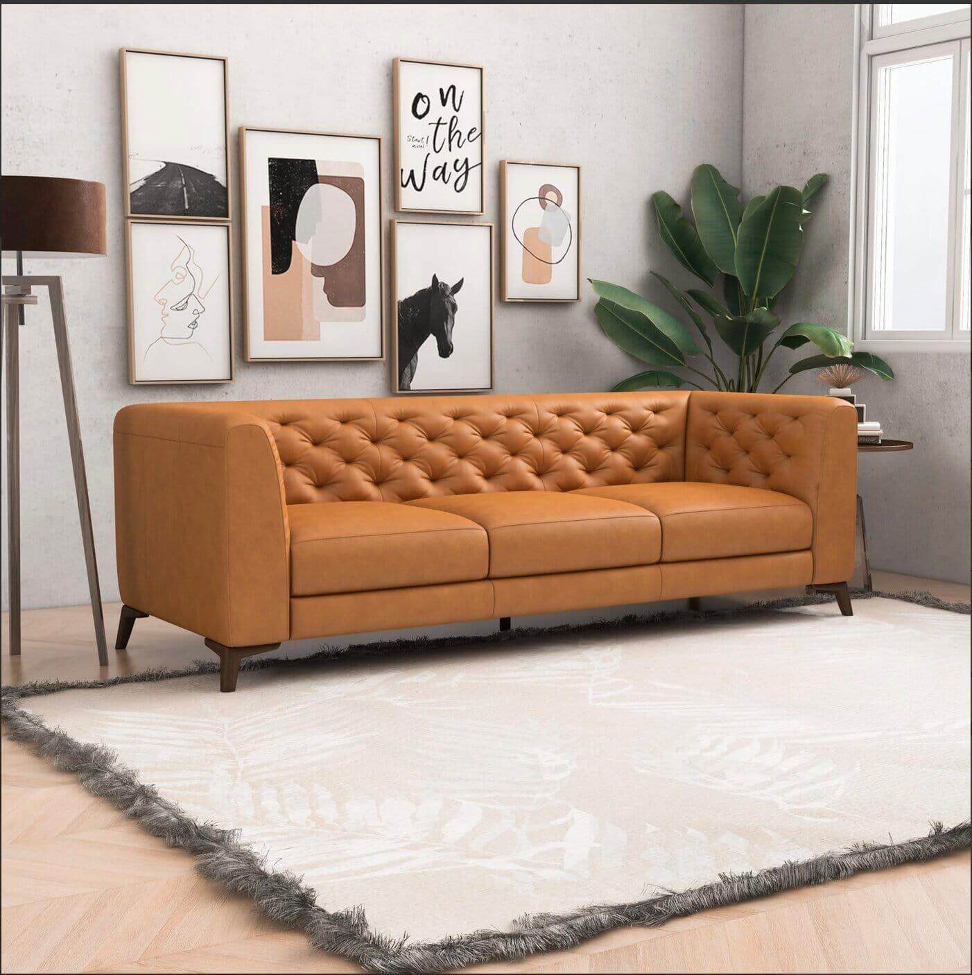 Carter MCM Styled Tufted Leather Sofa Couch 90" - Revel Sofa 