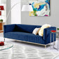 Channel Tufted Art Deco Luxurious Navy Blue Velvet And Silver Trim Sofa 85"