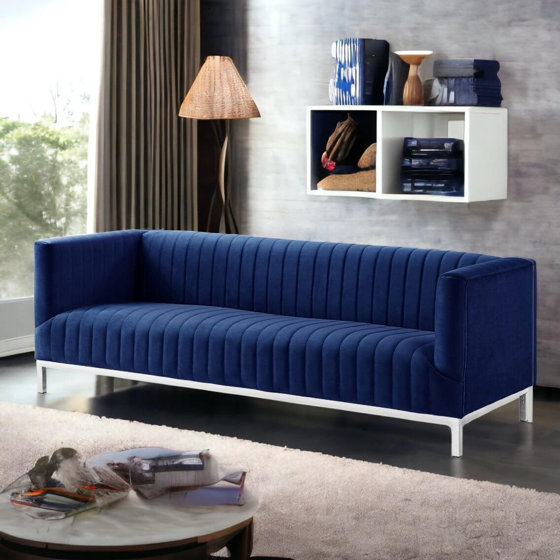 Channel Tufted Art Deco Luxurious Navy Blue Velvet And Silver Trim Sofa 85"
