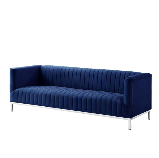 Channel Tufted Art Deco Luxurious Navy Blue Velvet And Silver Trim Sofa 85"