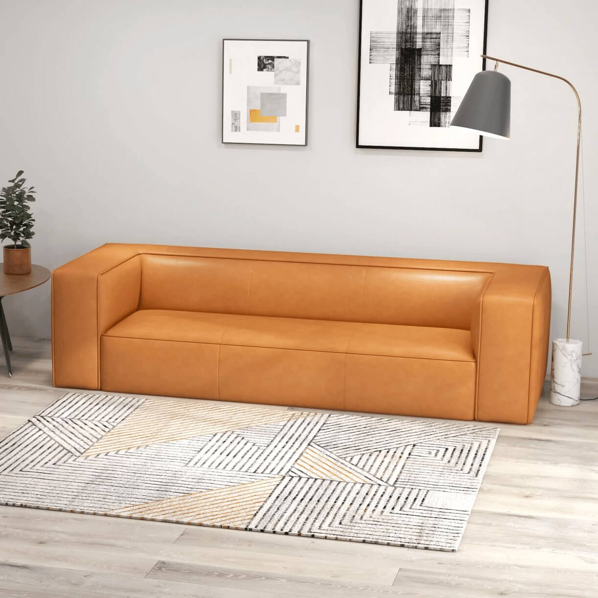 Colton Modern Contemporary Genuine Tan Leather Couch 92" - Revel Sofa 