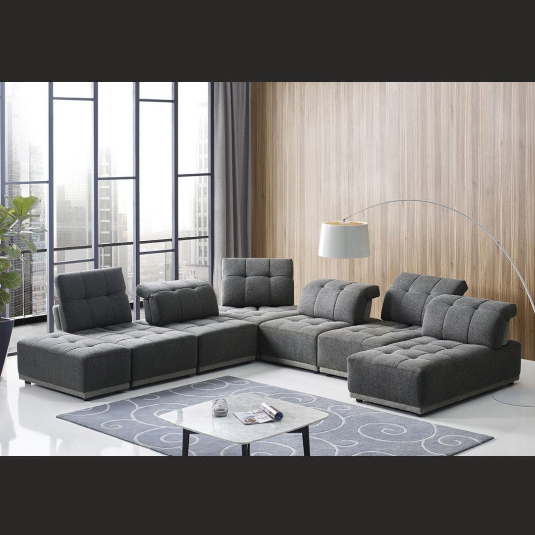 Tufted Contemporary Modular 7pc. Fabric Sectional Sofa & Adjustable Back Rests, Gray - Revel Sofa 