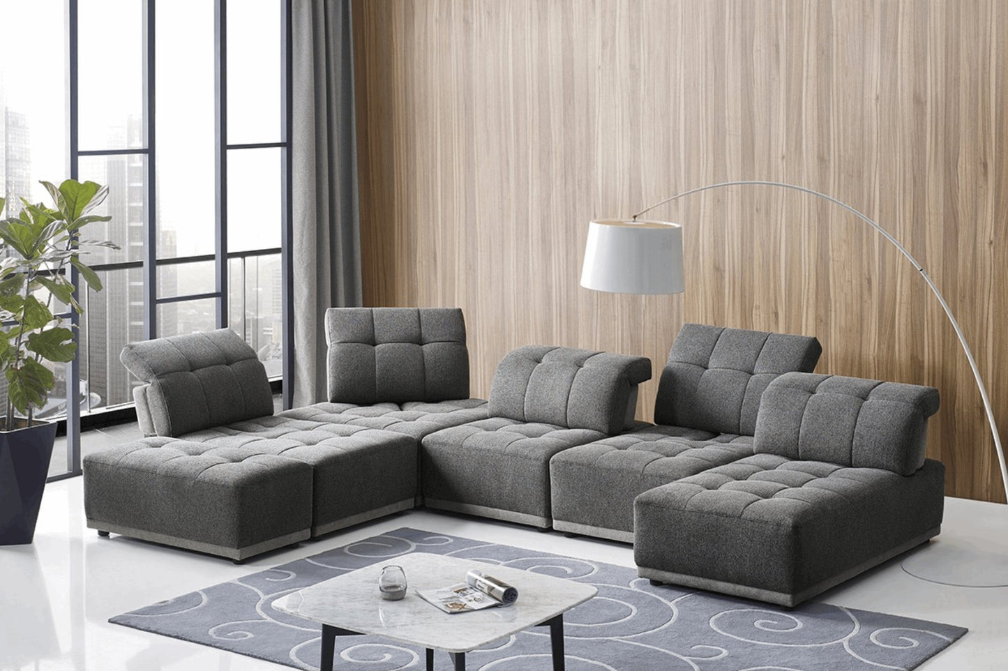 Tufted Contemporary Modular 7pc. Fabric Sectional Sofa & Adjustable Back Rests, Gray - Revel Sofa 