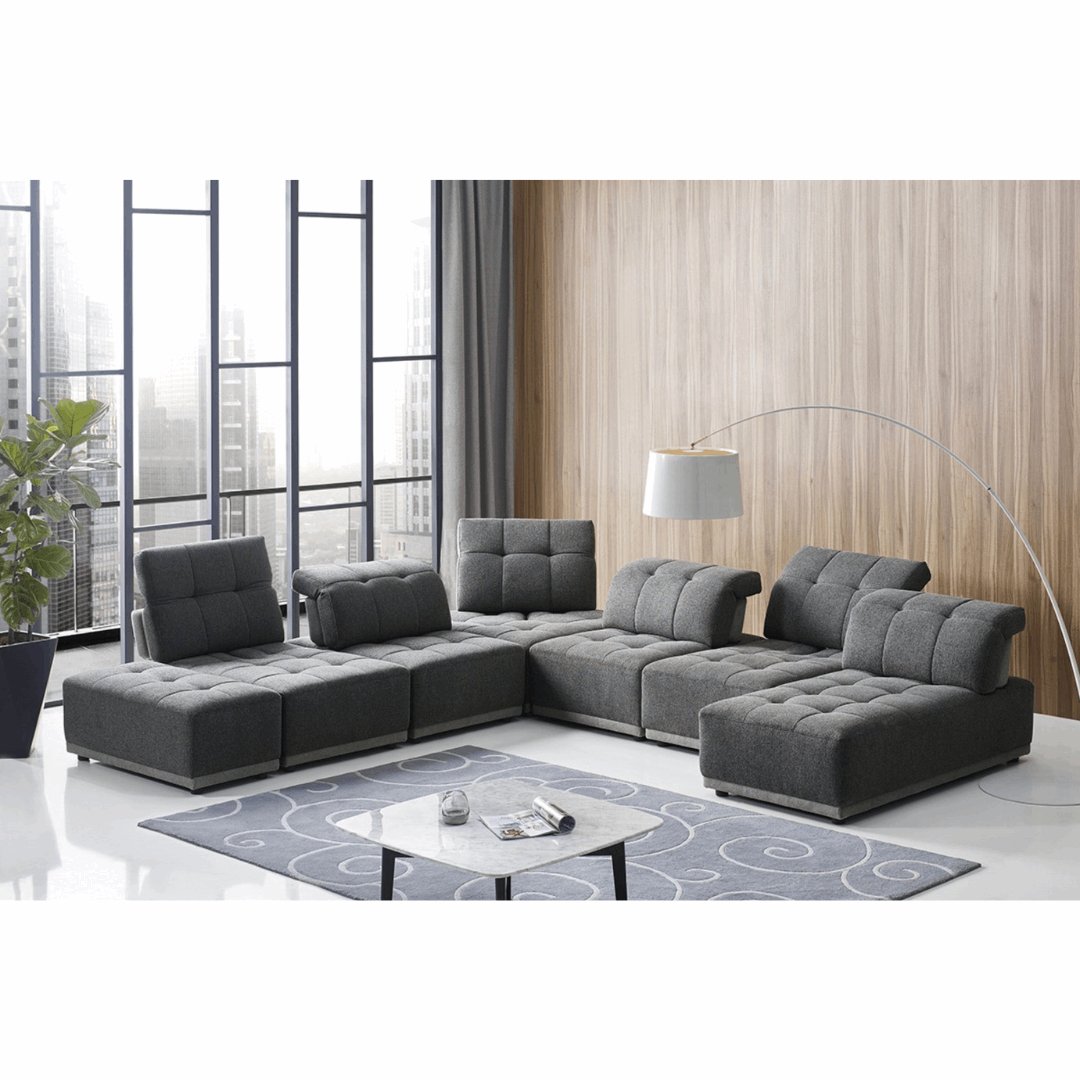 Tufted Contemporary Modular 7pc. Fabric Sectional Sofa & Adjustable Back Rests, Gray - Revel Sofa 