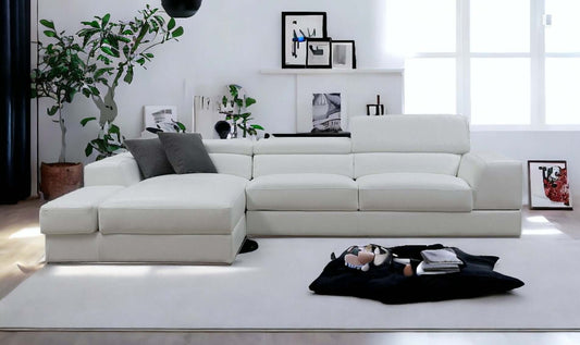 Contemporary White Leather Wide Arm Left Facing Chaise Sectional Sofa 123" - Revel Sofa 