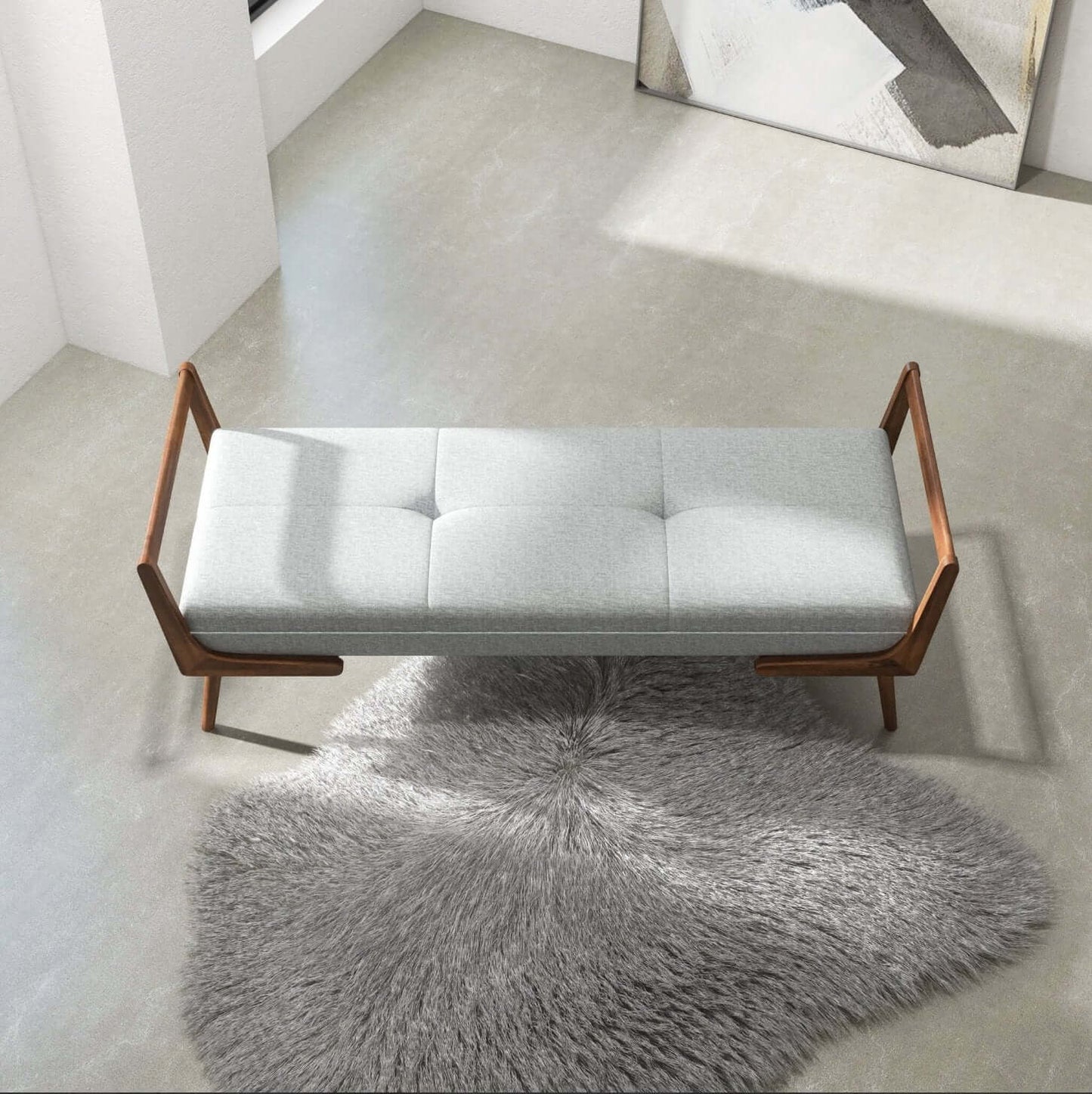 Cora MCM Style Gray Upholstered Fabric Bench - Revel Sofa 