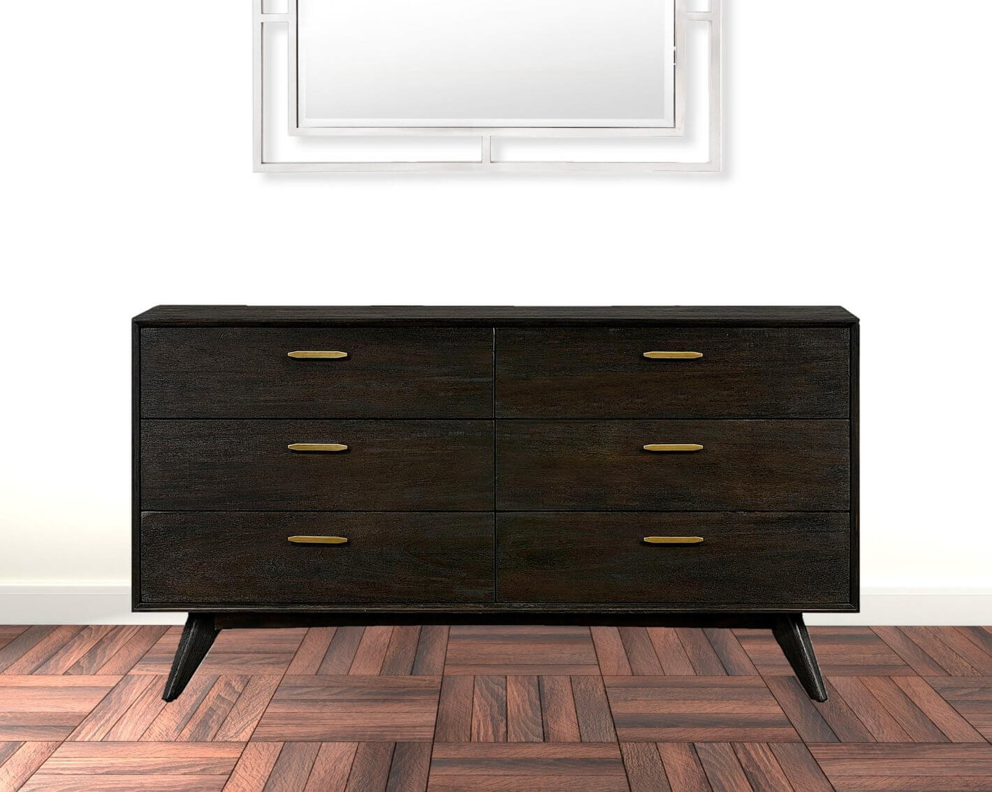 Dark Brown Solid Wood Six Drawer Dresser 63"