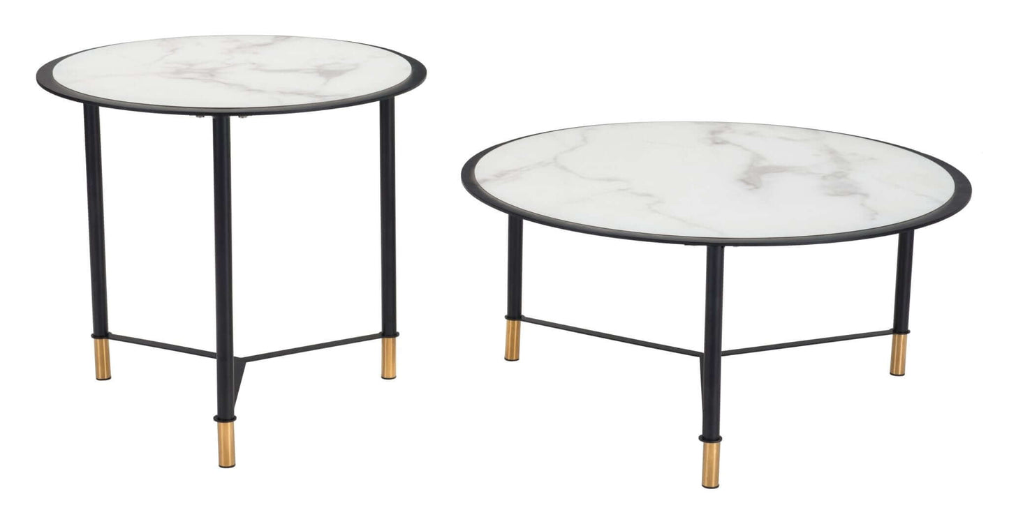 Davis Coffee Table Set (2pc) White Round Marble Top - Revel Sofa 