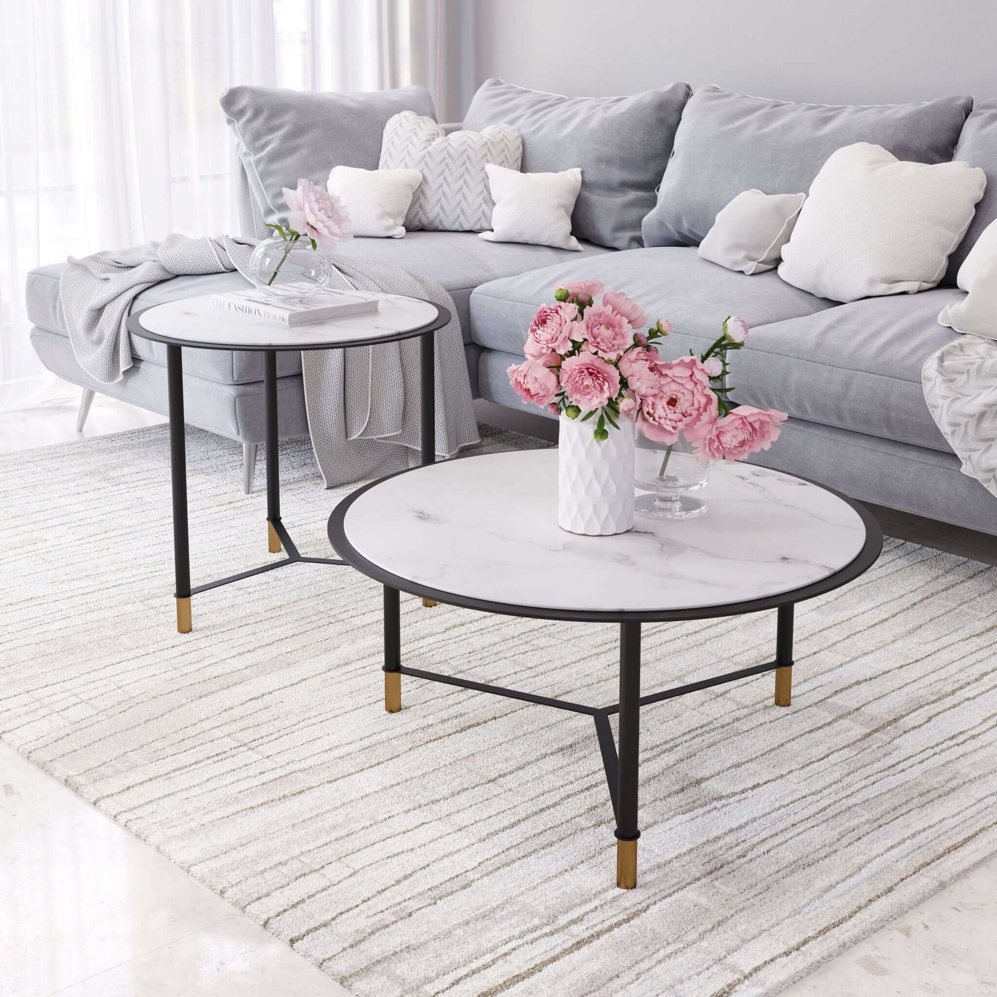 Davis Coffee Table Set (2pc) White Round Marble Top - Revel Sofa 