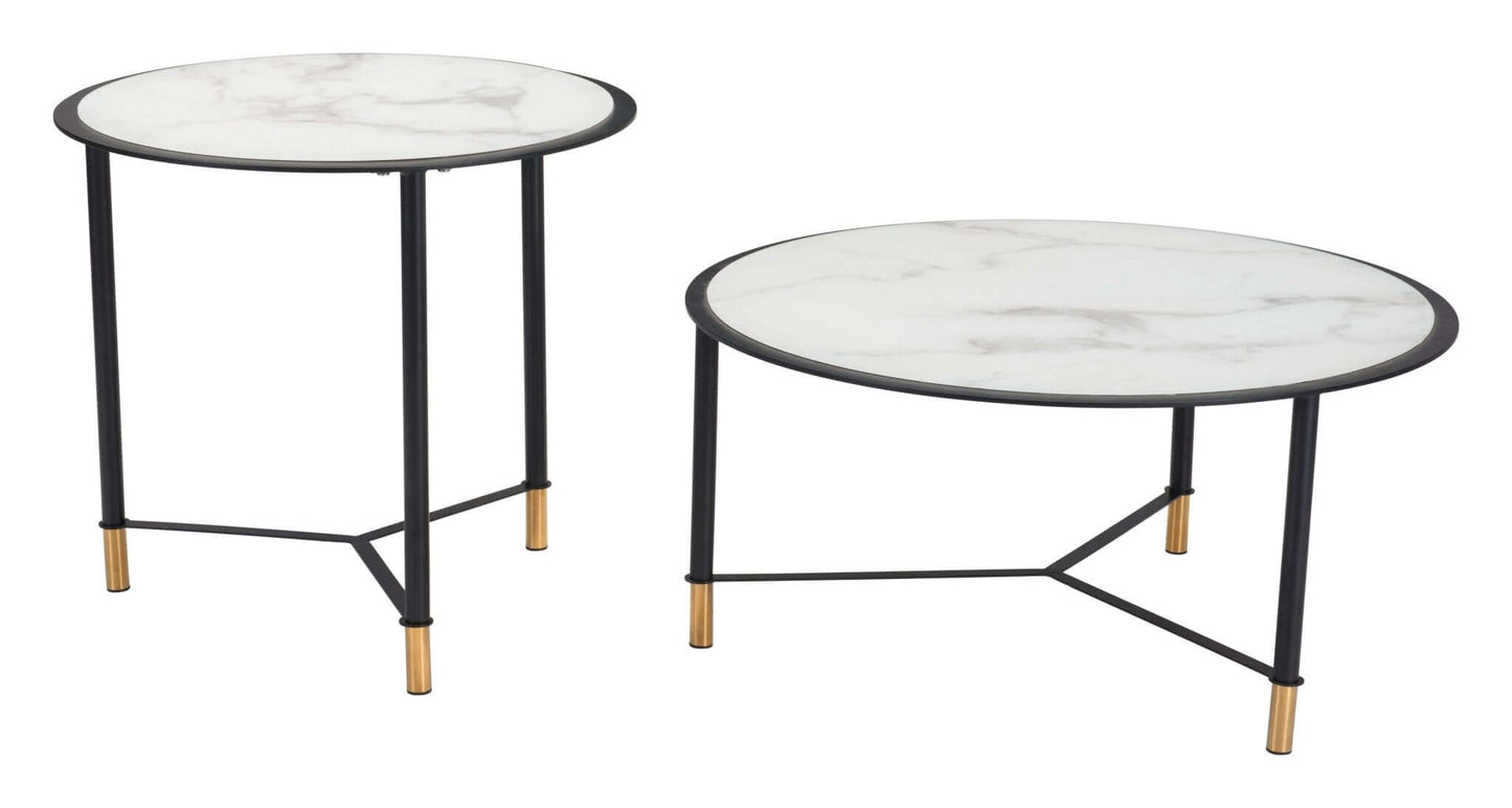 Davis Coffee Table Set (2pc) White Round Marble Top - Revel Sofa 