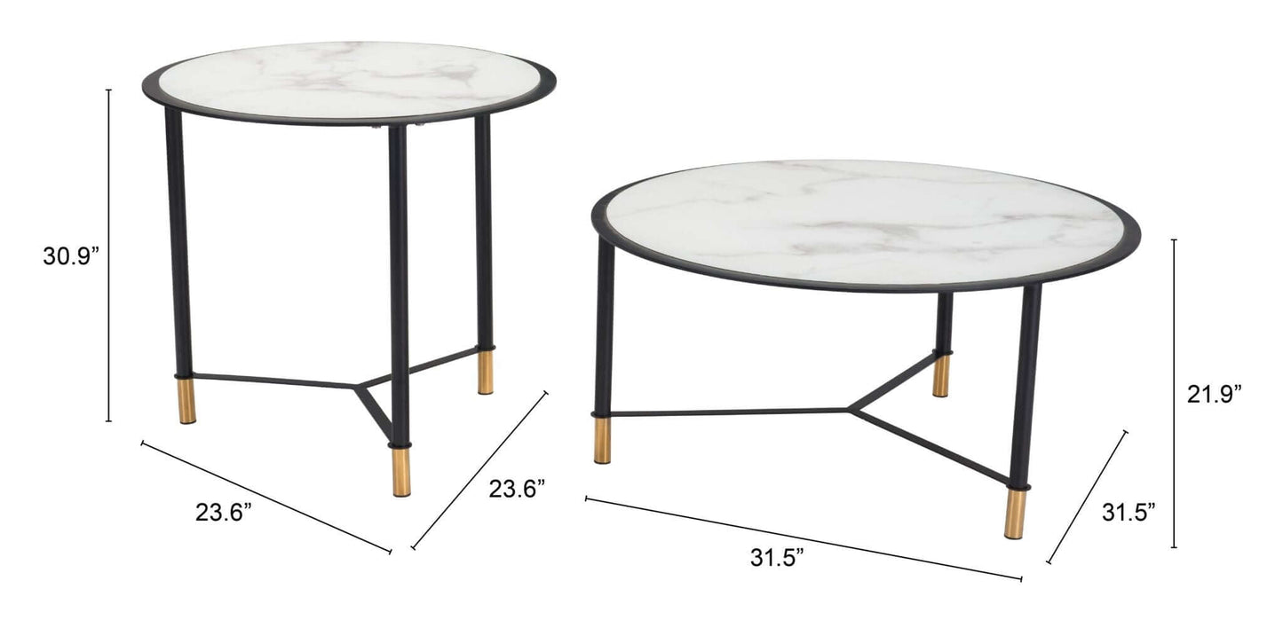 Davis Coffee Table Set (2pc) White Round Marble Top - Revel Sofa 