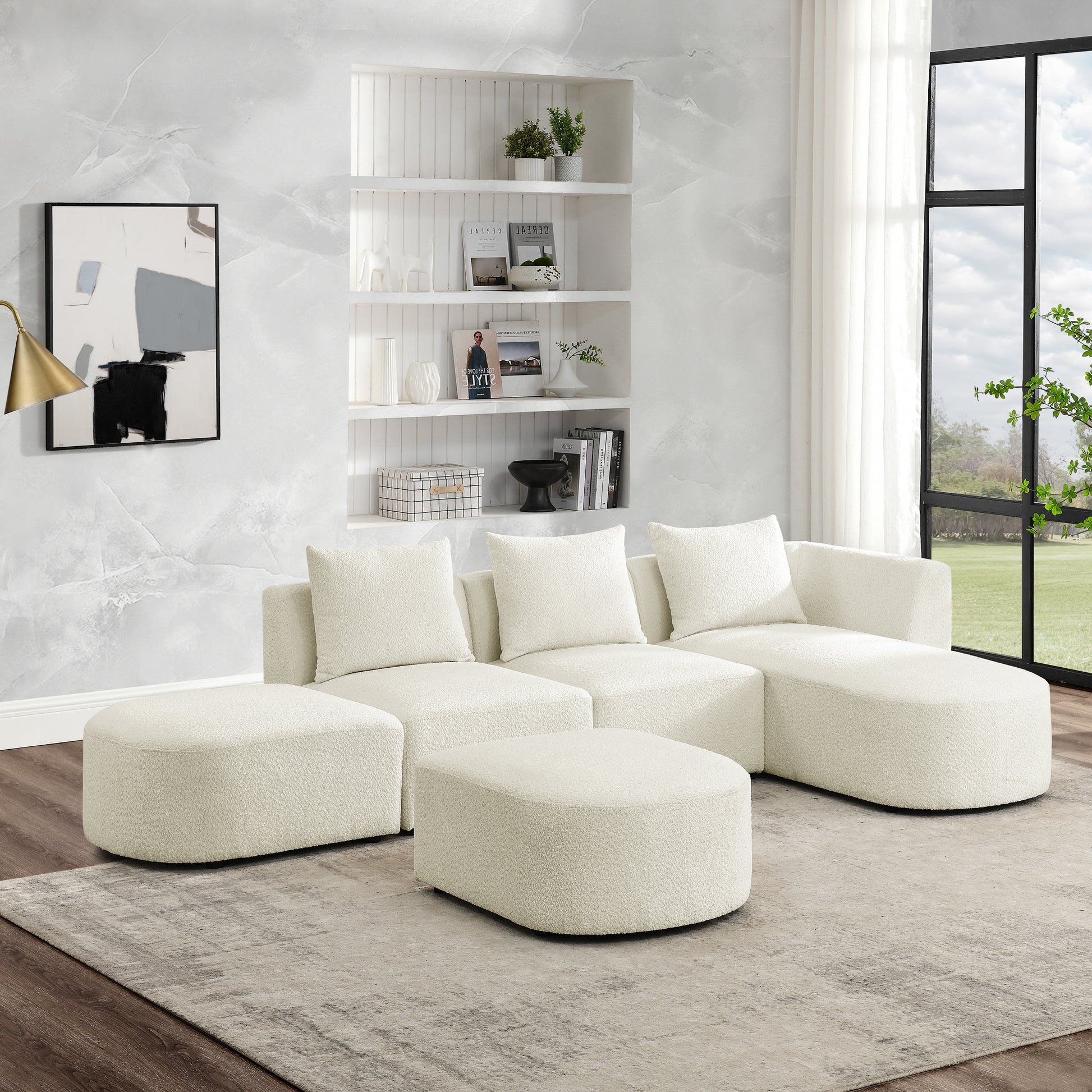 Modular Sectional Sofa with Chaise and Ottomans - Loop Yarn Boucle Fabric in Beige 113" - Revel Sofa 