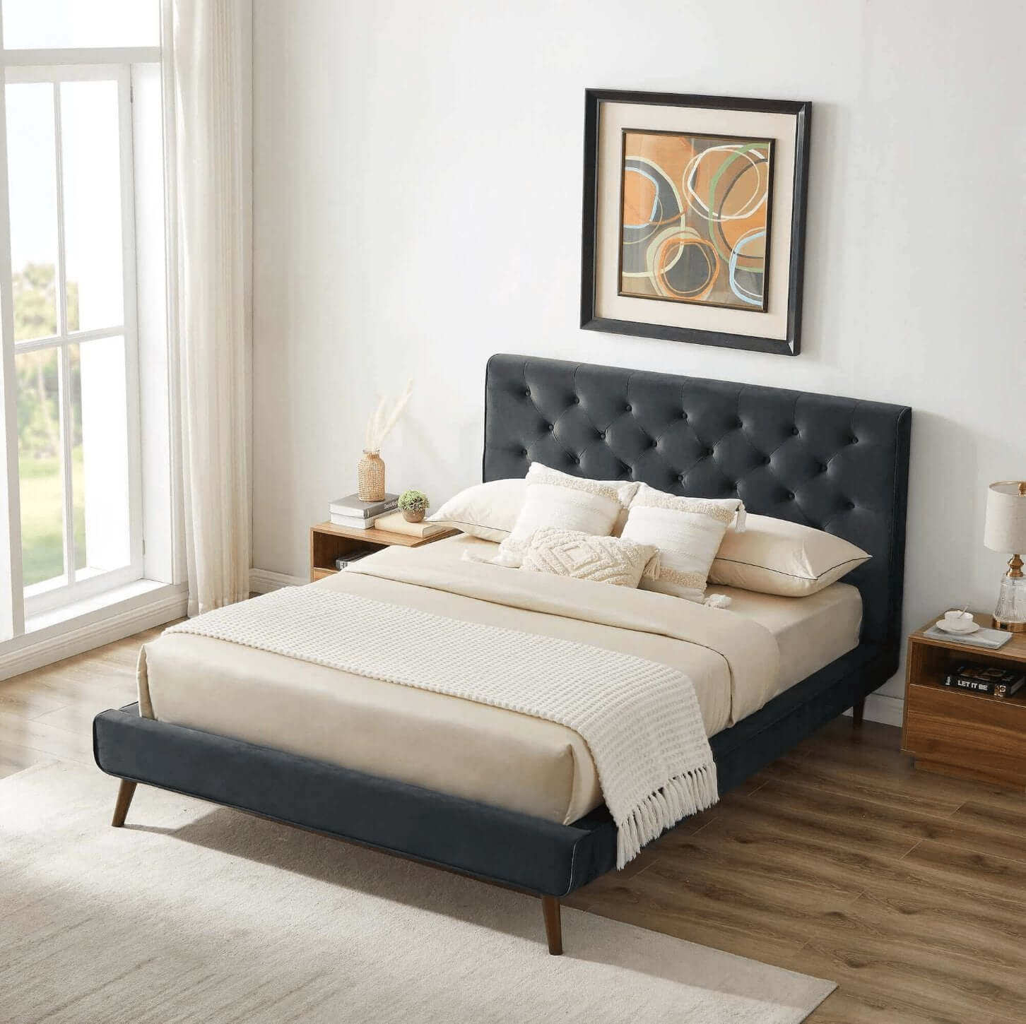 Dillon MCM Platform Bed with Button Tufted Velvet Upholstery - Revel Sofa 