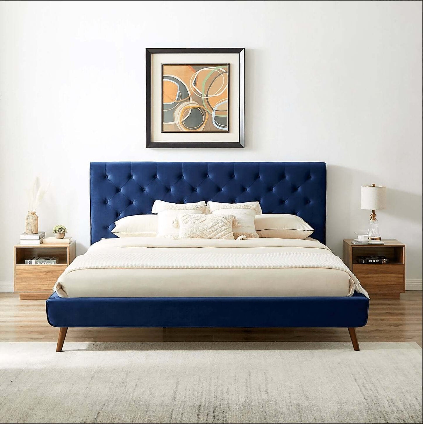 Dillon MCM Platform Bed with Button Tufted Velvet Upholstery - Revel Sofa 