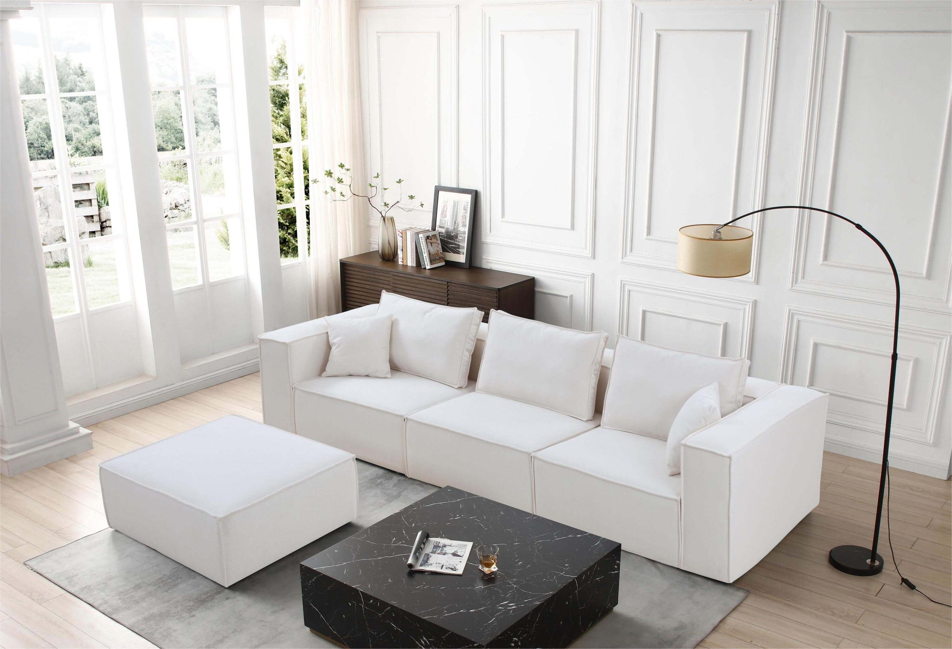Modern Minimalist Modular Sectional Couch with Ottoman & Reversible Chaise, White 129” - Revel Sofa 