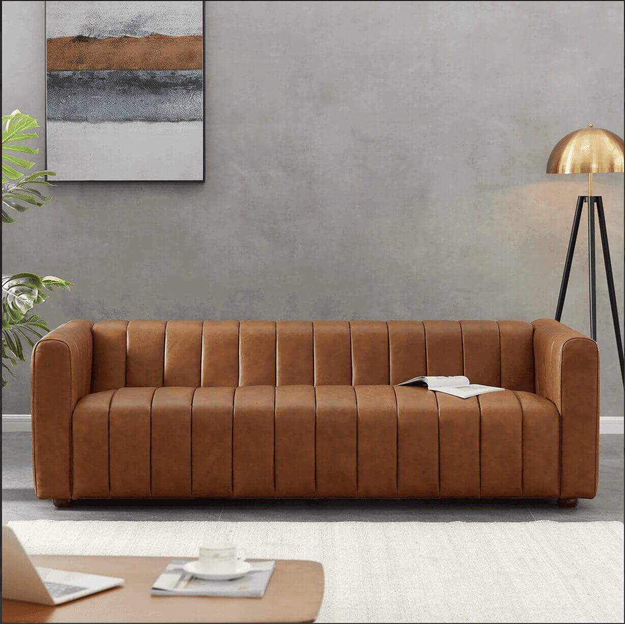 Elrosa MCM Channel Tufted Sofa 88", Leather or Boucle - Revel Sofa 