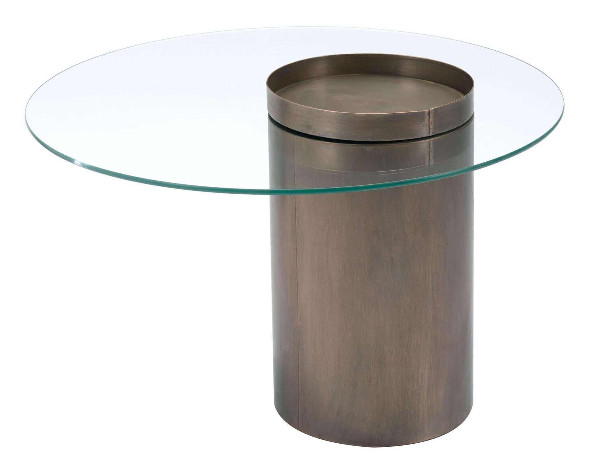 Emi Modern Cylindrical Bronze Coffee Table & Round Glass Top - Revel Sofa 