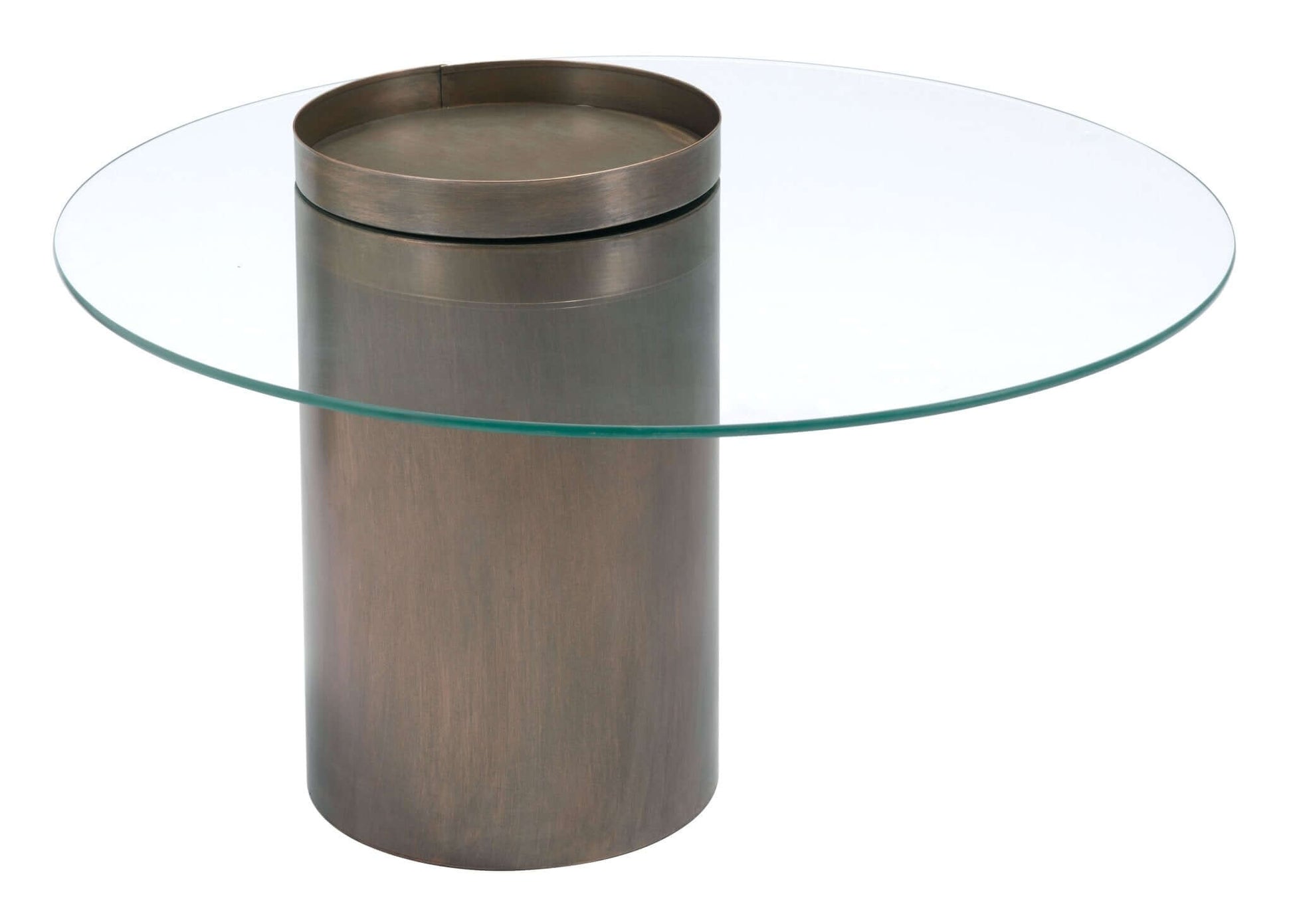 Emi Modern Cylindrical Bronze Coffee Table & Round Glass Top - Revel Sofa 