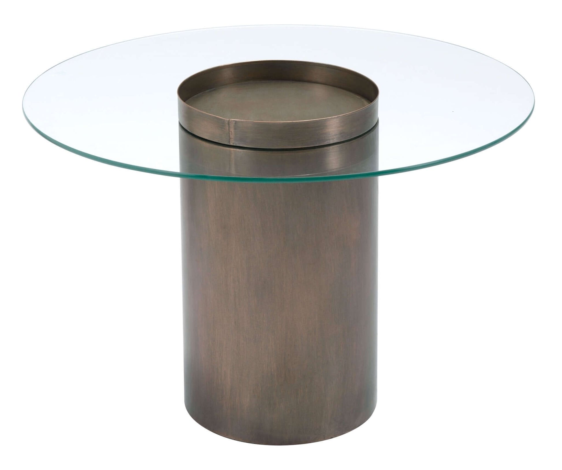 Emi Modern Cylindrical Bronze Coffee Table & Round Glass Top - Revel Sofa 