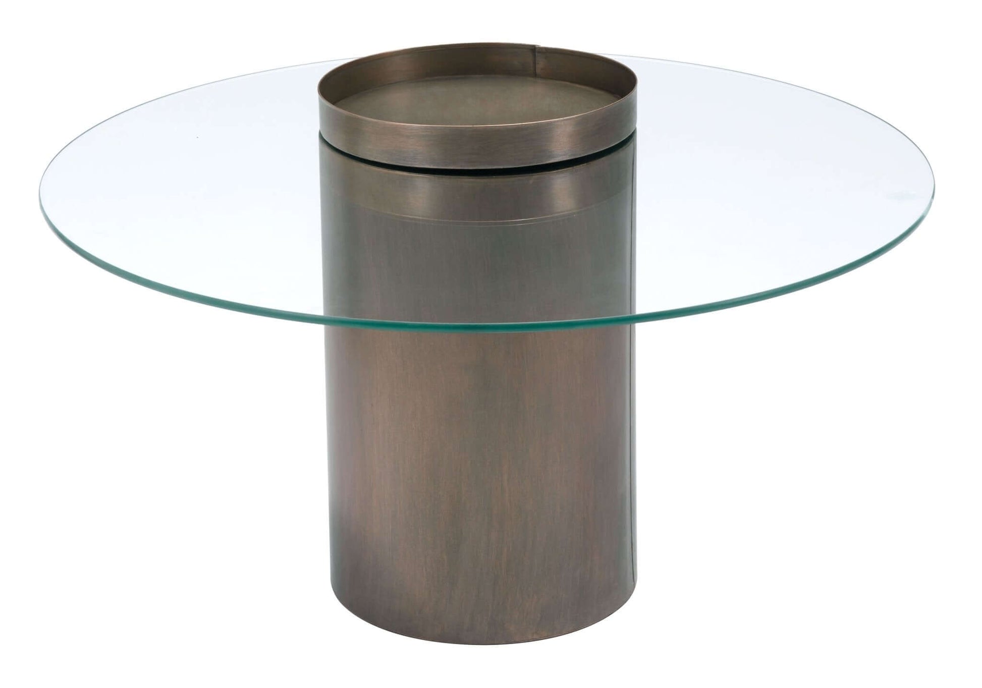 Emi Modern Cylindrical Bronze Coffee Table & Round Glass Top - Revel Sofa 