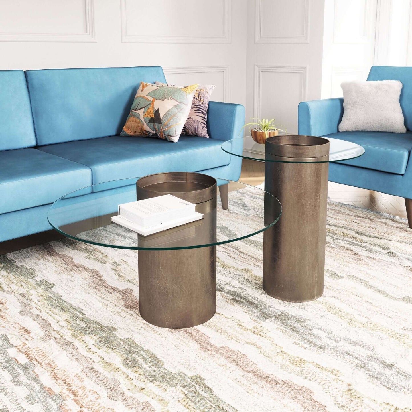 Emi Bronze Cylindrical Base & Round Glass Top End Accent Table 24" - Revel Sofa 