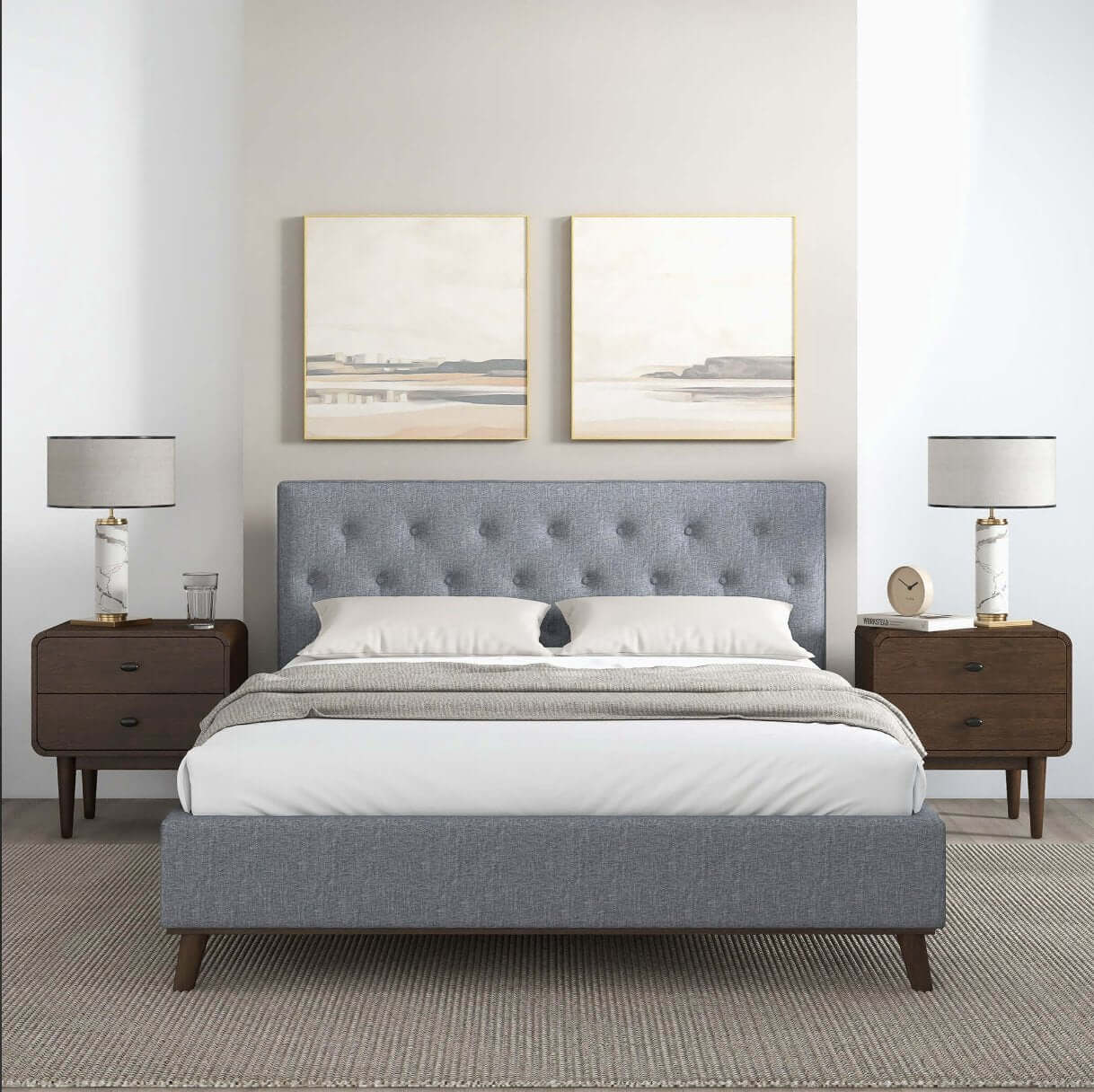 Graceville MCM Style Tufted Upholstered Platform Bed Frame - Revel Sofa 