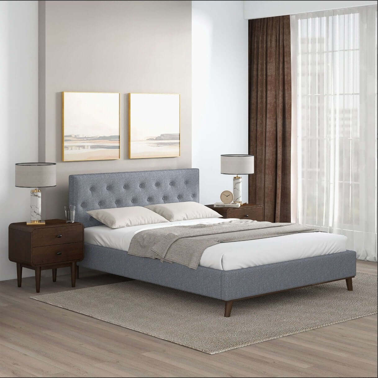 Graceville MCM Style Tufted Upholstered Platform Bed Frame - Revel Sofa 