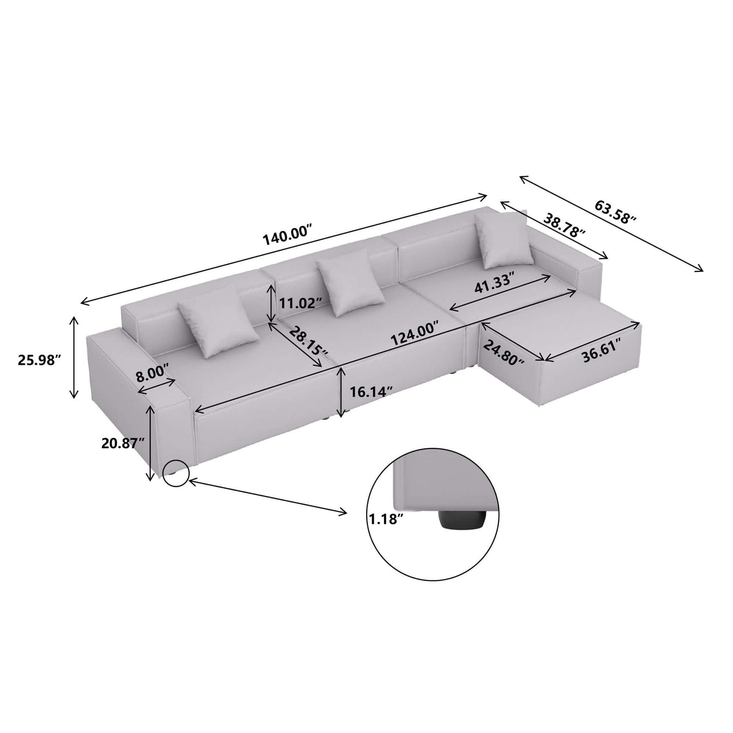 Gray Modern Minimalist Modular 4pc. Sectional Sofa And Ottoman - Revel Sofa 