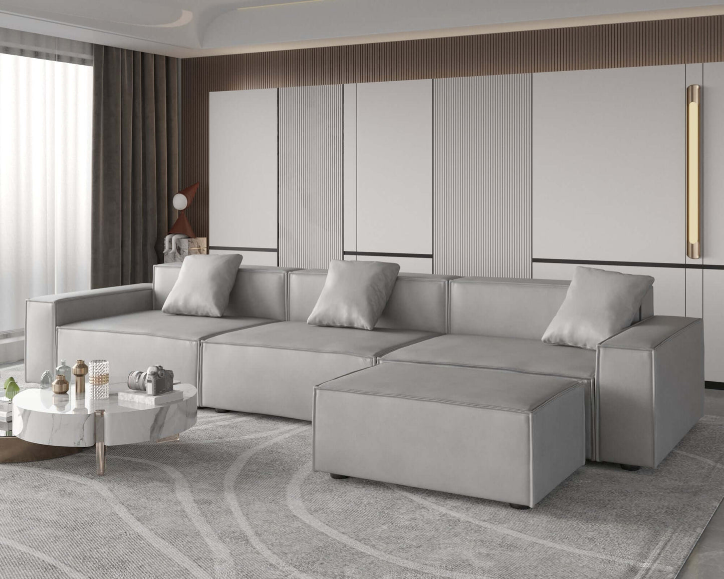 Gray Modern Minimalist Modular 4pc. Sectional Sofa And Ottoman