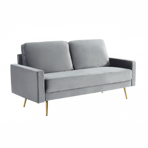 Gray Velvet Upholstered Brass Leg Loveseat Sofa - 72