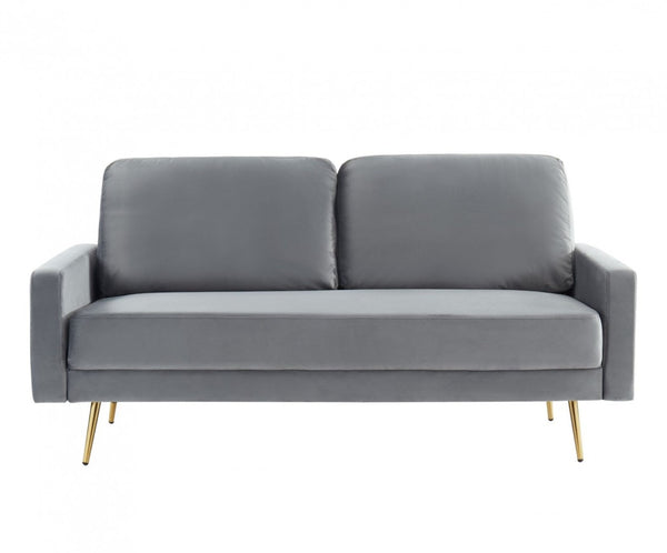 Gray Velvet Upholstered Brass Leg Loveseat Sofa - 72